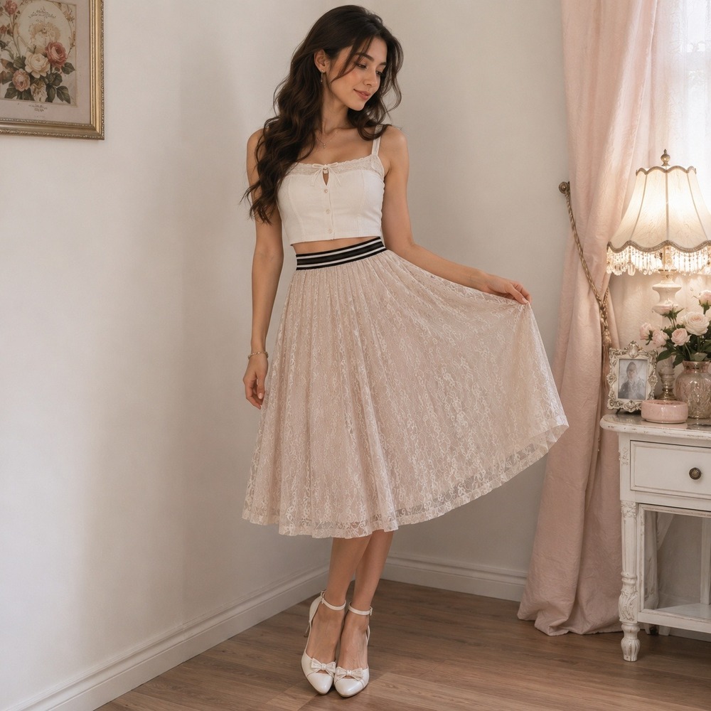 New York & Company Lace Midi Skirt L Beige Pleated Striped Waistband Romantic